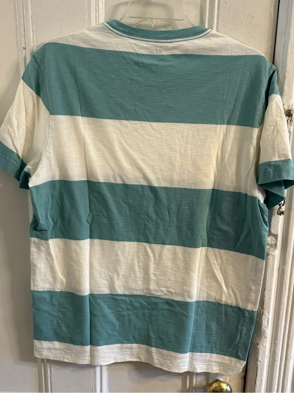J. Crew Men's Teal and White Horizontal-Stripe Pocket Tee